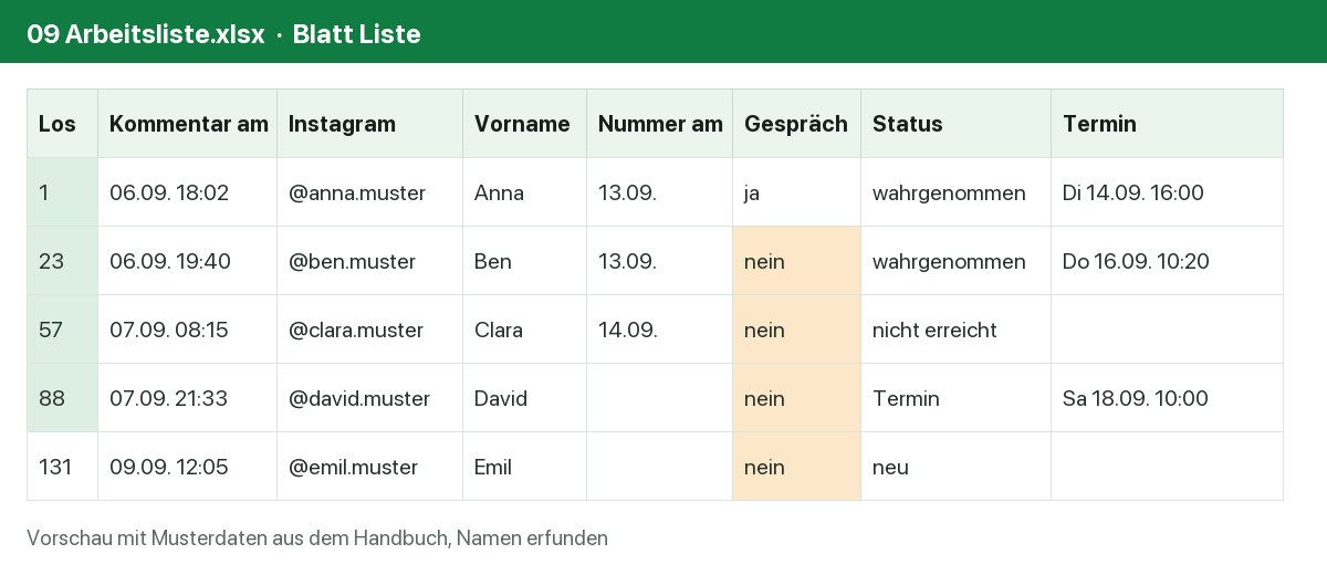 Vorschau der Arbeitsliste für Excel mit Musterdaten